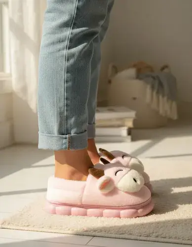 Pantuflas Infantiles Peluche Abrigadas Varios Modelos Unisex Vaquita Rosa Claro Con Corderito 30-31 2
