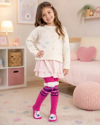 Pantumedias Infantiles Con Corderito Abrigadas Invierno Rosa Chicle Osito 28-31 2