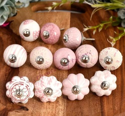Pomos De Cerámica Vintage Rosa Para Cajones Y Armarios X6 Rosa