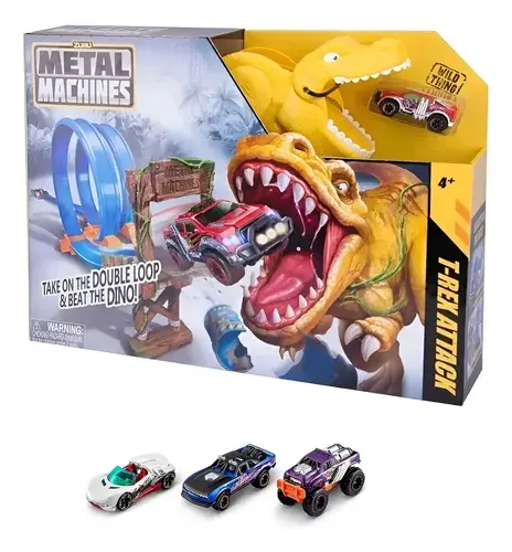 Super Combo Pista Metal Machine Dinosaurio + 3 Autos Wheels Amarillo