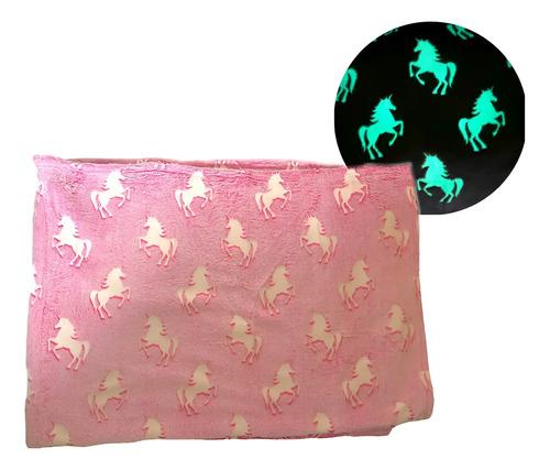 Frazada Fluorescente Luminosa Infantil Unicornio 1 Plaza 1/2 Unicornios Rosa Rosa