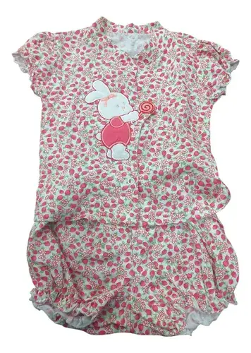 Conjunto Bebe Beba Algodon Estampado Con Bordado Flores Blanco Floreado Y Frutillas 4-6m