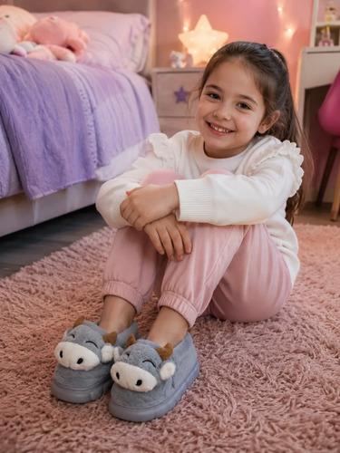 Pantuflas Infantiles Peluche Abrigadas Varios Modelos Unisex Vaquita Gris Con Corderito 32-33 2