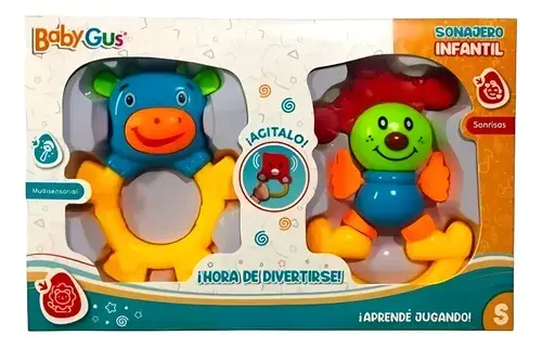 Set X 2 Sonajeros Para Bebes Infantiles Animalitos Payaso Multicolor Personajes 8