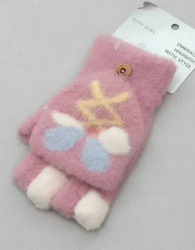 Guantes Sin Dedos Y Capucha Abrigados Conejito 3d City Girl Rosa Viejo Único Conejito 3
