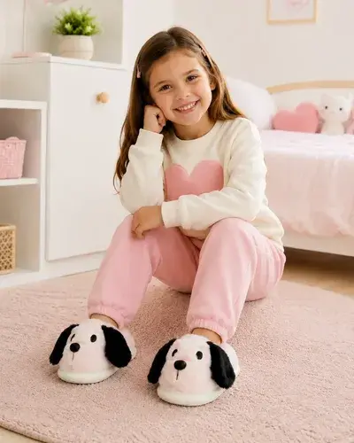Pantuflas Infantiles Perrito Peluche Colores Varios Perrito Rosa Con Corderito 32-33