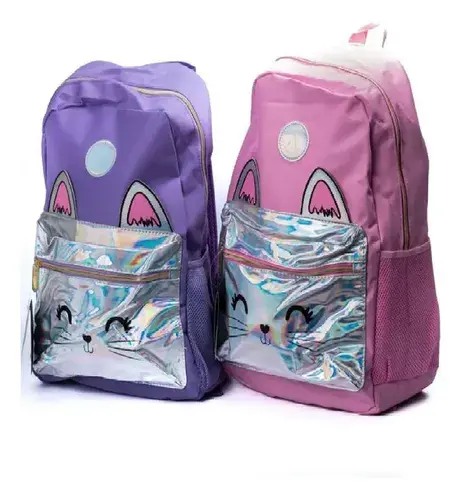 Mochila Escolar Pratys 30l Lona Impermeable 3 Bolsillos Gatito Rosa 2
