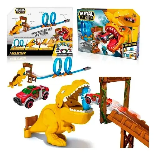 Pista De Autos Dinosaurio Doble Metal Machines T-rex Atack Color Amarillo Y Rojo Azul