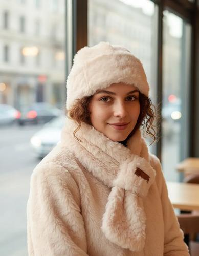 Gorro Peludo De Invierno De Animales, Orejeras Con Bufanda Beige Un Orejas 3