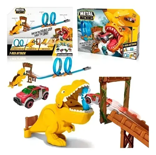 Pista Dinosaurio Metal Machines Zuru Dino Con Auto Wheels Amarillo