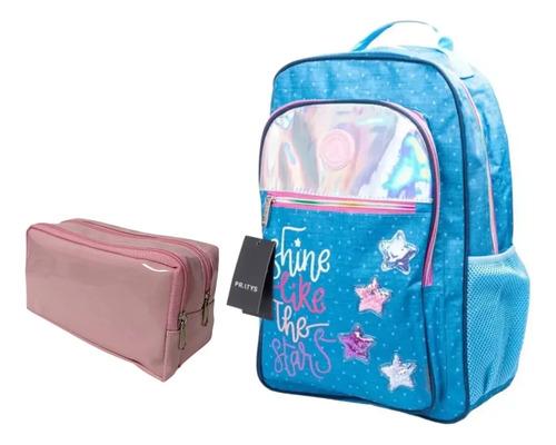 Super Combo Mochila + Cartuchera Escolar Estrellas Brillo 11