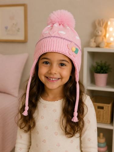 Gorro Con Pompon, Tiras Y Florcita Chullo Invierno Pratys Rosa Un Abrigado 2