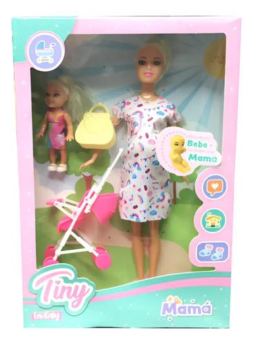 Muñeca Tiny Mama Embarazada Con Accesorios Bebe Cochecito