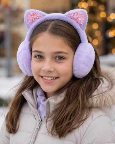 Orejeras Peludas Abrigadas Plegables Piel Invierno Abrigo Lila Con Estrellas Peludo