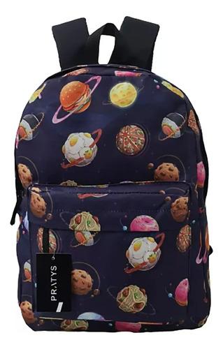 Mochila Escolar Dibujos Futbol Cohete Niños Primaria Grande Color Azul Oscuro Diseño De La Tela Planetas Y Comidas 2
