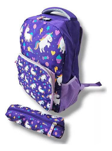 Mochila + Cartuchera Infantil Escolar Unicornio Violeta Nena Violeta Unicornios 3
