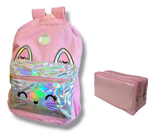 Super Combo Mochila + Cartuchera Escolar Gatito Brillante 11