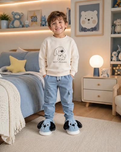 Pantuflas Infantiles Perrito Peluche Colores Varios Perrito Celeste Con Corderito 32-33
