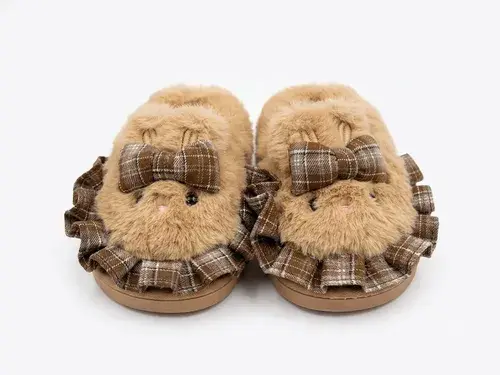 Pantuflas Infantiles Peluche Abrigadas Varios Modelos Unisex Moño Marron Con Corderito 24-25