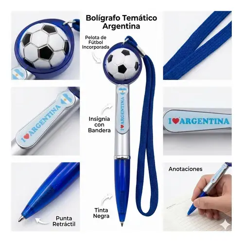 Boligrafo I Love Argentina Con Pelota, Cordon Y Tinta Negra Azul Y Plateado Negro 2