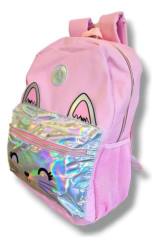 Mochila Escolar Pratys 30l Lona Impermeable 3 Bolsillos Gatito Rosa