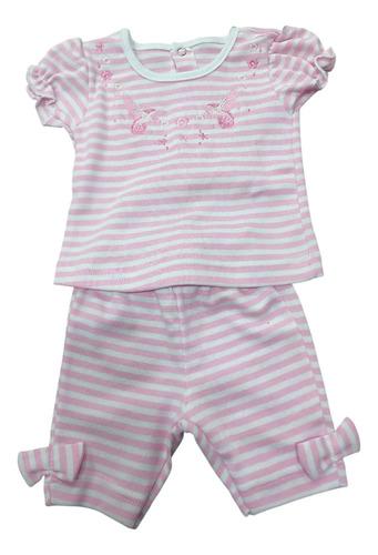Conjunto Bebe Beba Algodon Rayado Y Bordado Rosa Rayado Flores Pajaros 0-2m