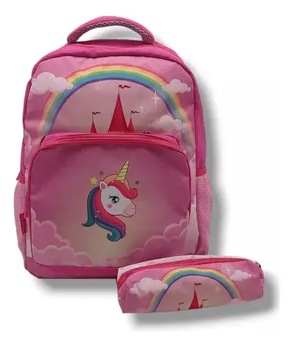 Combo Mochila + Cartuchera Escolar Unicornio Castillo Nena 7