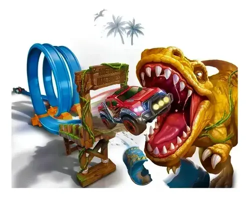Pista De Autos Dinosaurio Doble Metal Machines T-rex Atack Color Amarillo Y Rojo Azul 2
