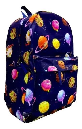 Mochila Escolar Dibujos Futbol Cohete Niños Primaria Grande Color Azul Oscuro Diseño De La Tela Planetas Y Comidas