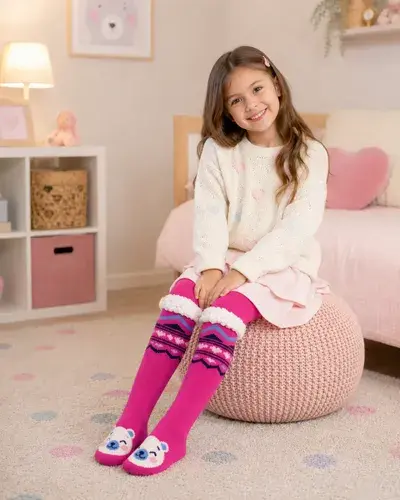 Pantumedias Infantiles Con Corderito Abrigadas Invierno Rosa Chicle Osito 28-31 3