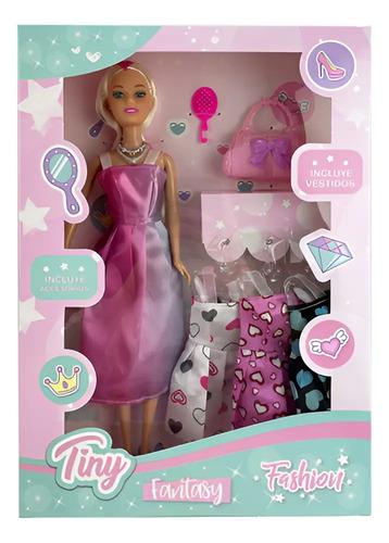 Muñeca Tiny Fashion Tipo Barbii Con 3 Vestidos Acce Juguete