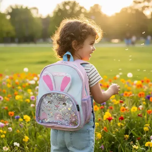 Mochila Infantil Jardin Con Bolsillo Frontal Transparente Rosa Conejito 2