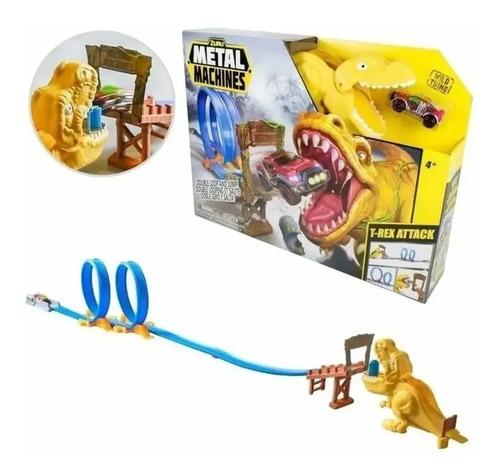 Super Combo Pista Metal Machine Dinosaurio + 3 Autos Wheels Amarillo 4
