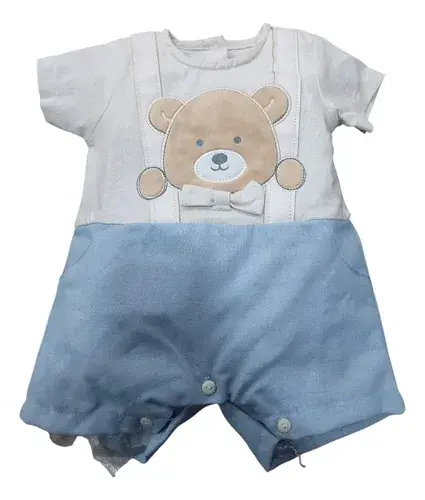 Enterito Bebe Fino De Lino Con Bordado Y Botones Manga Corta Natural Y Celeste Osito 0-2m