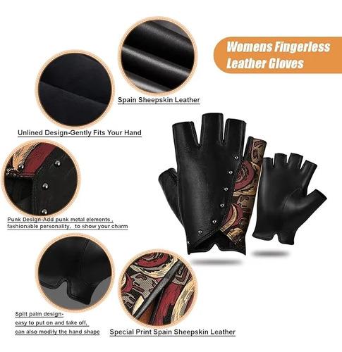 Guantes De Cuero Punk Sin Dedos Mujer Moto Fioretto W180416 Negro S 4