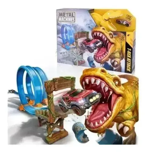 Pista De Autos Dinosaurio Doble Metal Machines T-rex Atack Color Amarillo Y Rojo Azul 3