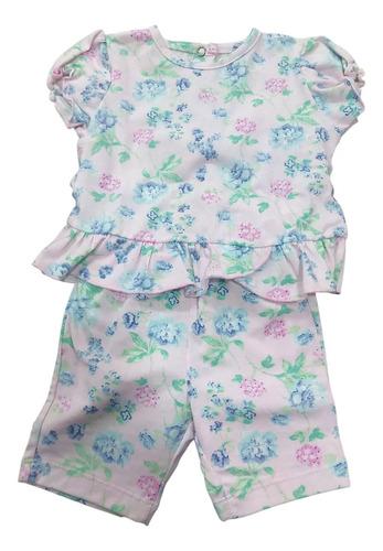 Conjunto Bebe Beba Algodon Estampado Con Volado Flores Rosa Floreado 2-4m