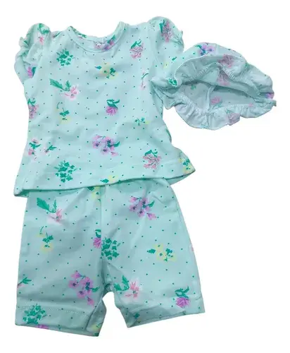 Conjunto Bebe Beba 3 Piezas Algodon Estampado Verde Agua Flores 0-2m