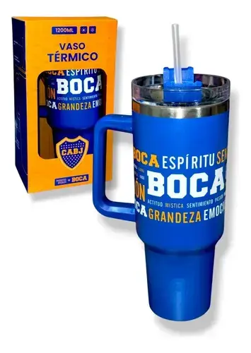 Vaso Térmico Boca Juniors 1200ml Con Tapa + Manija + Sorbete Azul Boca Juniors 2