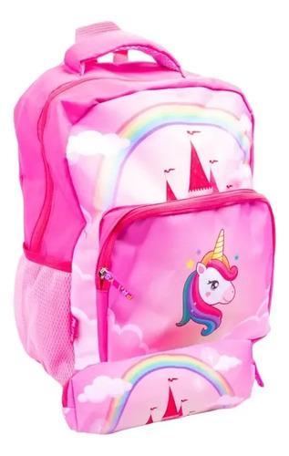 Mochila Escolar Unicornio Castillo Dinosaurio Infantil Niños Color Rosa Diseño De La Tela Unicornio Arcoriris