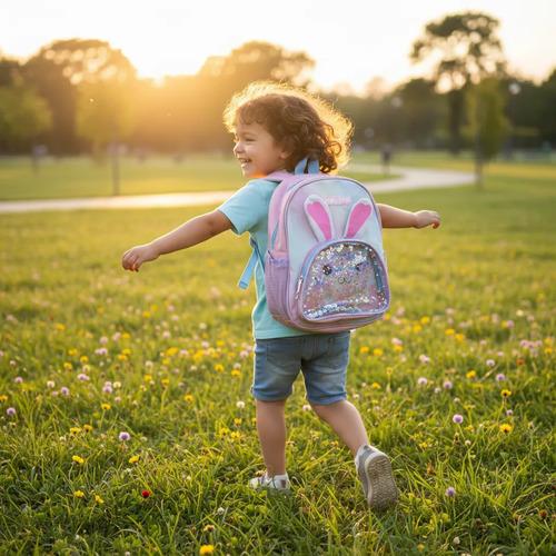 Mochila Infantil Jardin Con Bolsillo Frontal Transparente Rosa Conejito 3