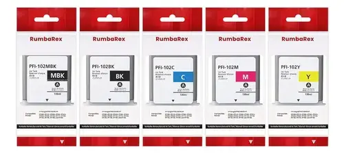 Pack X5 Tinta Pfi-102 5 Colores 130ml Compatible Canon Ipf Negro Mate, Negro, Cian, Magenta, Amarillo