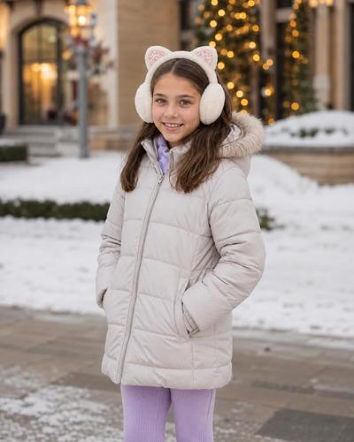 Orejeras Peludas Abrigadas Plegables Piel Invierno Abrigo Beige Con Estrellas Peludo 2