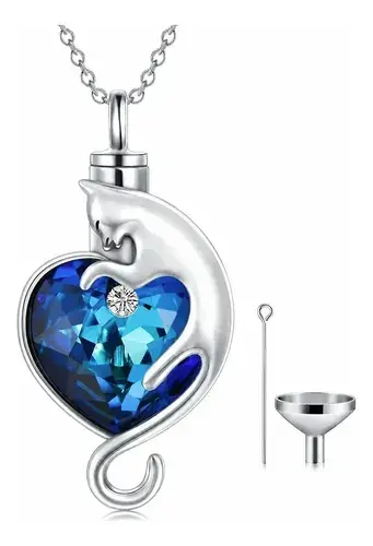 Collar Urna Para Cenizas De Mascotas Plata 925 20 Pulgadas Azul A-cat-corazón Azul Único
