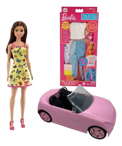 Combo Muñeca Barbie + Auto Fashion + Set Ropa Para Diseñar 2
