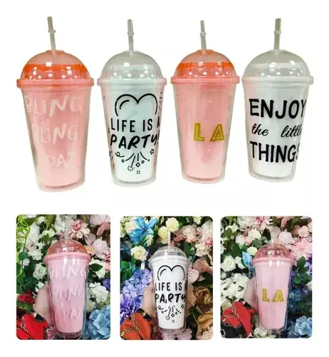 Vaso Acrilico Doble Pared Transparente Con Frases 450ml 12