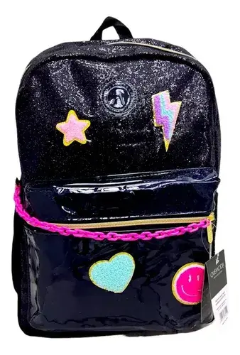 Mochila Escolar Nena Brillante Rosa Negra Reforzada Brillos 