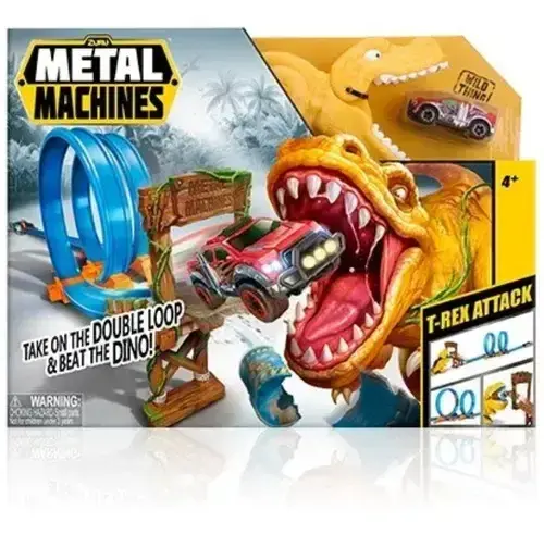 Pista De Autos Dinosaurio Doble Metal Machines T-rex Atack Color Amarillo Y Rojo Azul 8