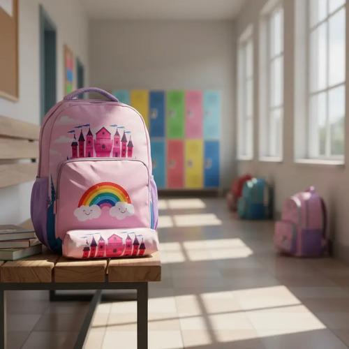 Mochila Escolar Unicornio Castillo Dinosaurio Infantil Niños Color Lilla Diseño De La Tela Castillo Arcoriris