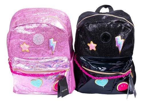 Mochila Escolar Nena Brillante Rosa Negra Reforzada Brillos  5